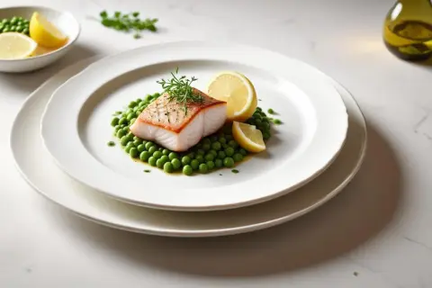 En vacker tallrik med en perfekt tillagad torskrygg, serverad på en bädd av gröna ärtor med citronklyftor. Ett enkelt men elegant torskrygg recept.