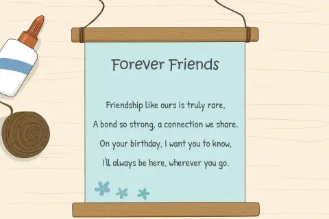 Wierszyk o przyjaźni "Forever Friends" z uroczymi kwiatuszkami. Idealny na prezent, bo przyjaźń to mega śmieszne wierszyki!