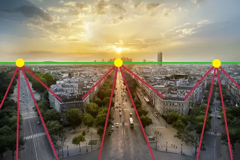 Vue aérienne d'une avenue parisienne au coucher du soleil, avec des lignes rouges et des points jaunes illustrant l'effet de perspective.
