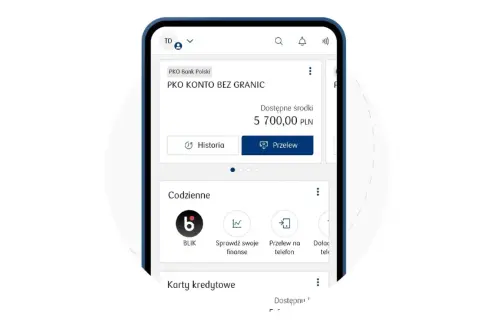 Aplikacja mobilna PKO BP. Widok konta z saldem 5700 PLN. Możliwe opcje: historia, przelew, BLIK. Dowiedz się, jak aktywować kartę w PKO.