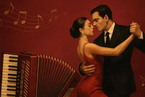 Para tanga, para tango, bandoneon gra. Para tańczy, namiętność w powietrzu.