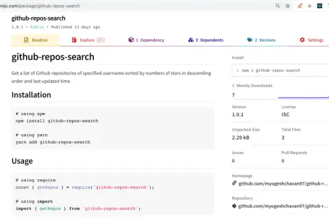 Page npmjs.com pour le package `github-repos-search`. Installation via `npm install github-repos-search`.