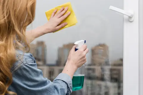 Kobieta z blond włosami czyści okno dachowe, używając płynu w sprayu i żółtej ściereczki. Dowiedz się, jak umyć okna dachowe, by były lśniące.