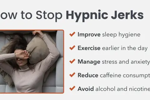 A woman rests uncomfortably, covering her eyes. The image lists ways to stop hypnic jerks, assuring you can't die from them.