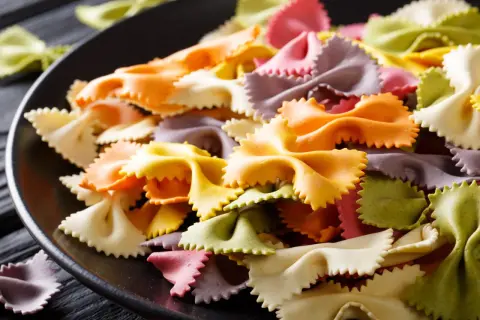 Bunte Farfalle-Nudeln auf schwarzer Platte. Ideen für blaues Essen Rezepte, die Spaß machen und schmecken.