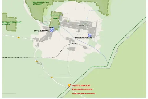 Mapa Białowieży: Rezerwat Żubrów, Park Pałacowy, hotele Żubrówka i Białowieski, przejście graniczne pieszo-rowerowe. Puszcza Białowieska wita!