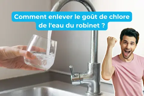 Un homme célèbre la joie de boire de l'eau non chlorée. Un verre d'eau est rempli sous un robinet.