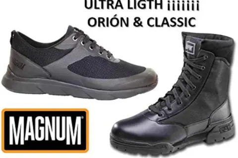Botas Magnum Classic y zapatillas deportivas negras, ideales para cualquier aventura.