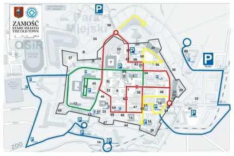 Mapa Zamościa i okolic z zaznaczonymi atrakcjami, parkingami i trasami spacerowymi.