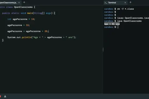 Code Java montrant une conversion implicite de int vers double pour calculer l'âge. L'âge final est de 61 ans.