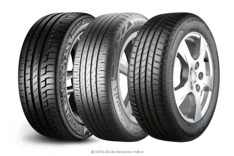 Trzy opony samochodowe, w tym opony samouszczelniające Continental i Bridgestone, prezentowane na białym tle.