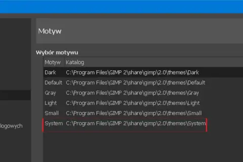 GIMP podstawy: wybór motywu interfejsu. Widoczna lista dostępnych motywów, w tym "System", zlokalizowanych w katalogu GIMP.