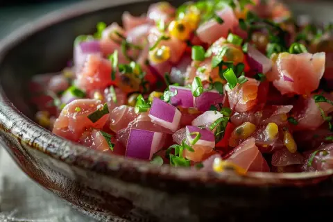 Un délicieux tartare de thon frais, garni d'oignons rouges, de ciboule et de graines de fruit de la passion, servi dans un bol en céramique.