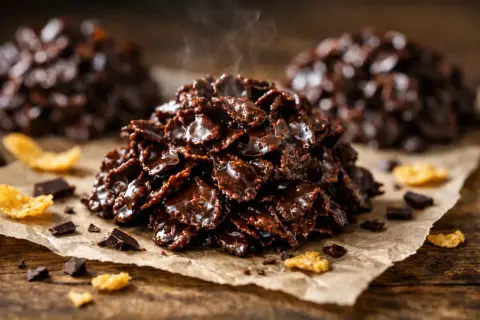 Délicieuses roses des sables recette : des flocons de maïs enrobés de chocolat noir, fumants et appétissants, sur du papier sulfurisé.
