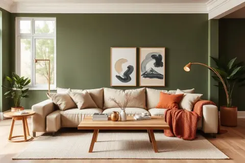 Gemütliches Wohnzimmer mit beiger Couch, Holztisch und Kunstwerken. Orange Kissen und Decke zeigen, welche Farbe passt zu oliv.