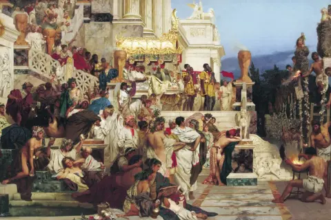Scena z życia starożytnego Rzymu, pełna tłumu, bogactwa i dramatyzmu. Obraz w stylu akademizm w malarstwie.