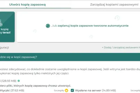 Panel WordPress do tworzenia kopii zapasowych. Możesz utworzyć kopię teraz lub zaplanować ją automatycznie.