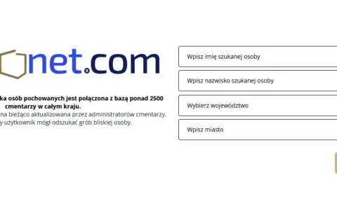 Logo Onet.com i pola do wyszukiwania osób na cmentarzu: imię, nazwisko, województwo, miasto.