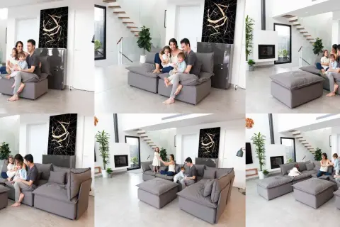 Familia disfrutando de un momento de paz en su moderno centro de relax, con un sofá modular gris y una escalera de diseño.