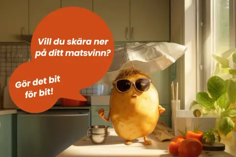 En glad potatis med solglasögon och paraply frågar: "Vill du skära ner på ditt matsvinn? Gör det bit för bit!