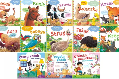 Okładki książek z wierszami o zwierzętach. Na jednej z nich chory kotek leży w łóżku, a piesek-lekarz go bada.