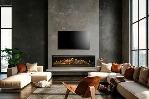 Sala moderna con chimenea de leña, sofá y sillón.