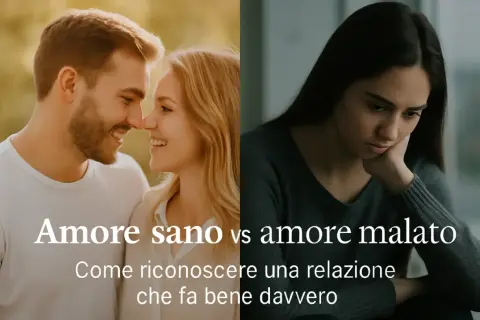 Coppia felice contrapposta a donna triste, per mostrare come riconoscere un amore sano e non stare male soffrire per amore.