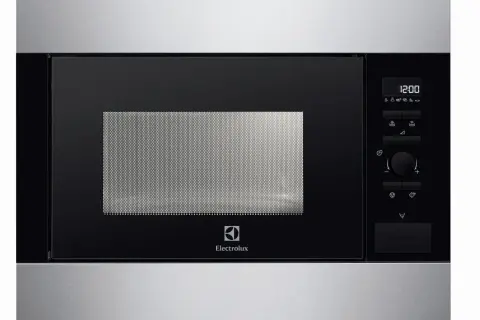Un élégant **dimension micro onde encastrable** en inox et noir, avec écran digital et commandes tactiles.