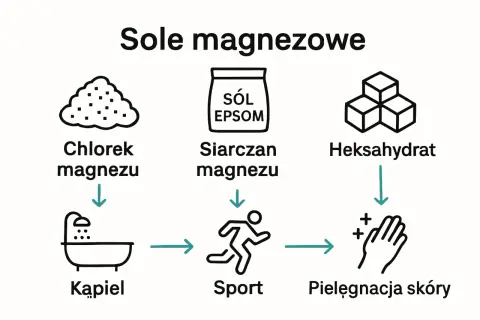 Sole magnezowe: chlorek magnezu do kąpieli, siarczan magnezu (sól Epsom) do sportu, heksahydrat do pielęgnacji skóry.