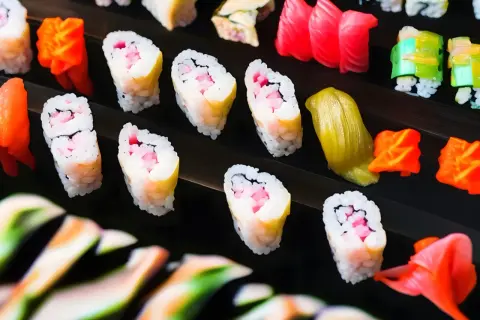 Różnorodne sushi: rolki z różowym nadzieniem i żółtym omletem, kawałki tuńczyka, zielone i pomarańczowe dodatki. Tak wygląda sushi.