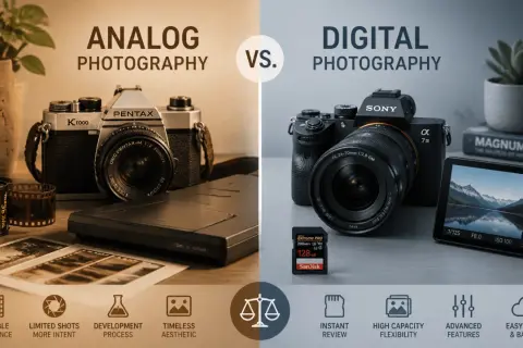 Analogowa fotografia z rolkami filmu i aparatem Pentax kontra cyfrowa z aparatem Sony i kartą pamięci.