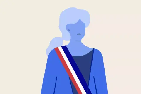 Illustration d'une femme portant l'écharpe tricolore, symbole du mandat d'un maire. La durée de son engagement est représentée par son profil stylisé.