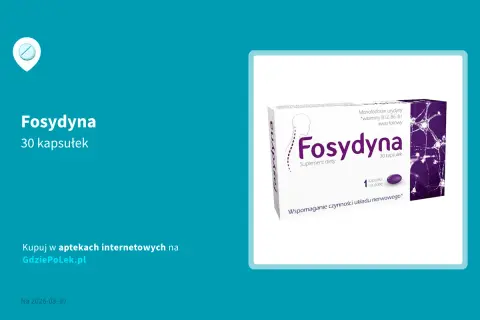 Opakowanie suplementu diety Fosydyna 30 kapsułek. Czy Fosydyna jest na receptę? Nie, to suplement diety.