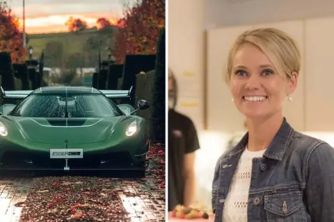 Halldora von Koenigsegg ler glatt bredvid en grön Koenigsegg-bil i höstlandskap.