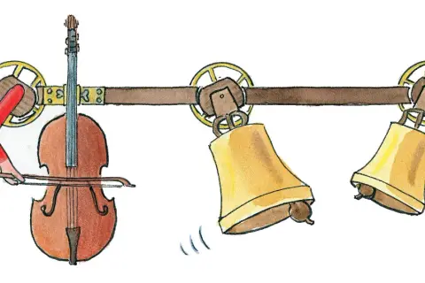 Ein Cello spielt Musik, während zwei Glocken läuten. Geh du alter Esel hole Fische!