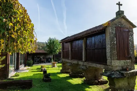 Un hórreo tradicional gallego, parte de la carballeira do Tambre, se alza sobre pilares de piedra. El sol ilumina el césped verde y un árbol frondoso.