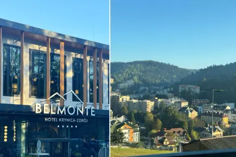 Nowoczesny hotel Belmonte w Krynicy-Zdroju z widokiem na górskie miasteczko.