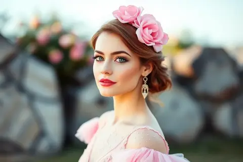 Kobieta w różowej sukience z różowego złota, ozdobiona kwiatami we włosach, z elegancką biżuterią.