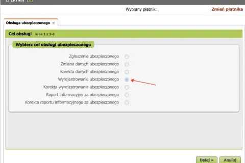 Wybór celu obsługi ubezpieczonego w systemie e-płatnik. Zaznaczono "Wyrejestrowanie ubezpieczonego", co może być związane z procesem w ZUS ZWUA.