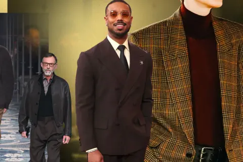 Uomo in abito marrone, uomo con giacca di pelle e uomo con blazer a quadri. Nero e marrone stanno bene insieme, creando un look elegante.