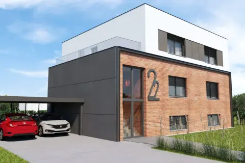 Nowoczesny dom kostka projekty: bryła z cegły i grafitu, zadaszenie na dwa auta, szklany balkon.