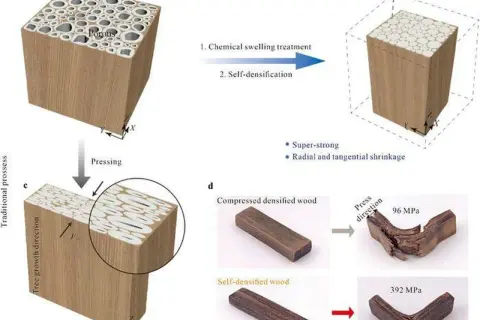 Proceso de densificación de madera para crear madera mas resistente. Muestra cómo la madera porosa se comprime para mayor durabilidad.