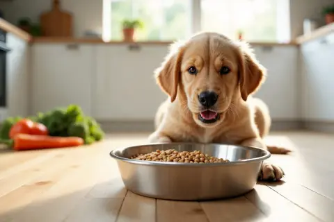 Słodki szczeniak golden retriever leży przed miską pełną karmy, zastanawiając się, czy pies może jeść kaszę. Obok leżą warzywa.