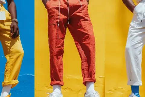 Tre män visar upp sina linnebyxor outfit herr i färgerna gult, orange och vitt mot en färgglad bakgrund.