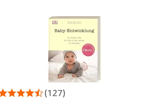 Ein Buchcover zeigt ein Baby, das auf dem Bauch liegt. Der Titel "Baby-Entwicklung" verspricht Tipps für den ersten Sprung des Babys.