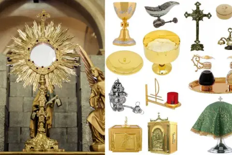 Złota monstrancja, kielich, patena, kadzielnica, krzyż i inne naczynia liturgiczne nazwy.