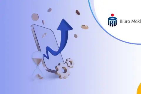 Grafika symbolizująca wzrost wartości na koncie inwestycyjnym PKO. Widoczny telefon, klepsydra, monety i strzałka w górę.
