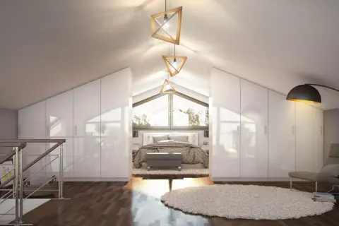 Modern Schlafzimmer mit weißen Einbauschränken, die den Raum optisch aus einem zimmer zwei machen. Ein Bett mit Blick auf die Fensterfront.
