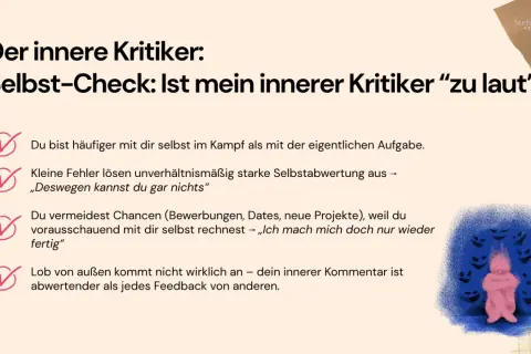Der innere Kritiker: Selbst-Check. Ein rosa Wesen umklammert sich, umgeben von dunklen, grinsenden Gesichtern. Es geht darum, sich selber zu verzeihen.