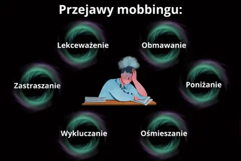 Przejawy mobbingu: lekceważenie, obmawianie, poniżanie, ośmieszanie, wykluczanie, zastraszanie. Zmęczony pracownik.